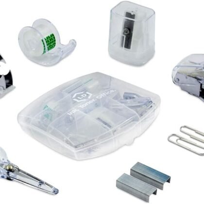 LD Products Clear Mini Office Supply Kit Portable Case with Scissors, Paper Clips, Tape Dispenser, Pencil Sharpener, Stapler & Staple Remover