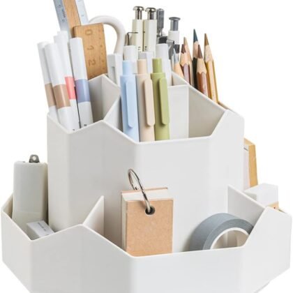 Rotating Art Supply Storage Organizer,Pencil Holder with 9 Compartment, Pen Storage Organizer, for Kids Art Desk, Homeschool Supplies, Home Office Desktop Organizer(White)