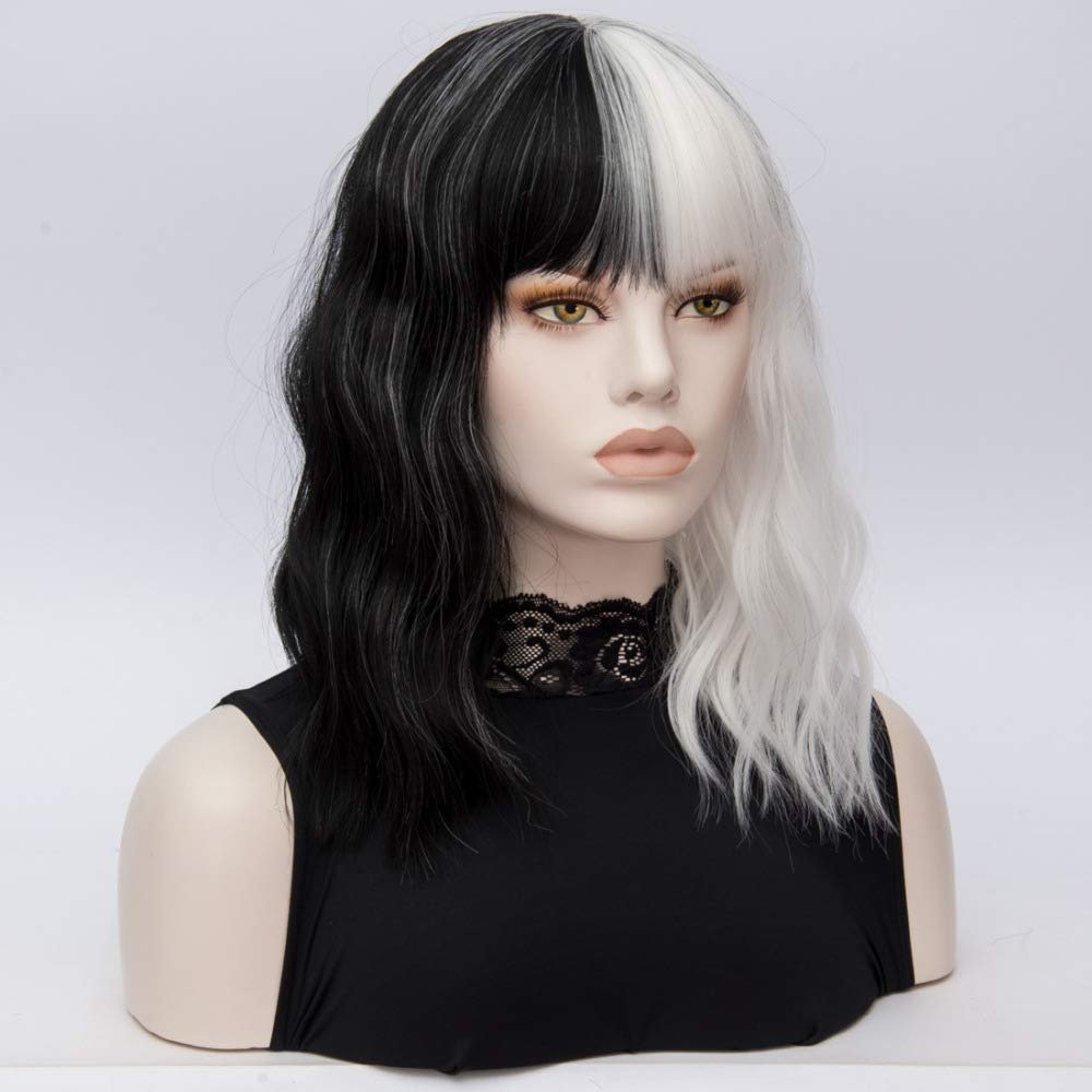 QACCF Short Wavy Shoulder Length Women Full Bang Heat Resistant Wig (Black and White) - Image 3