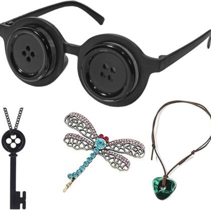 Halloween Button Eye Glasses Cosplay Costume Accessories Necklaces Green Stone Pendant Hair Clip for Women