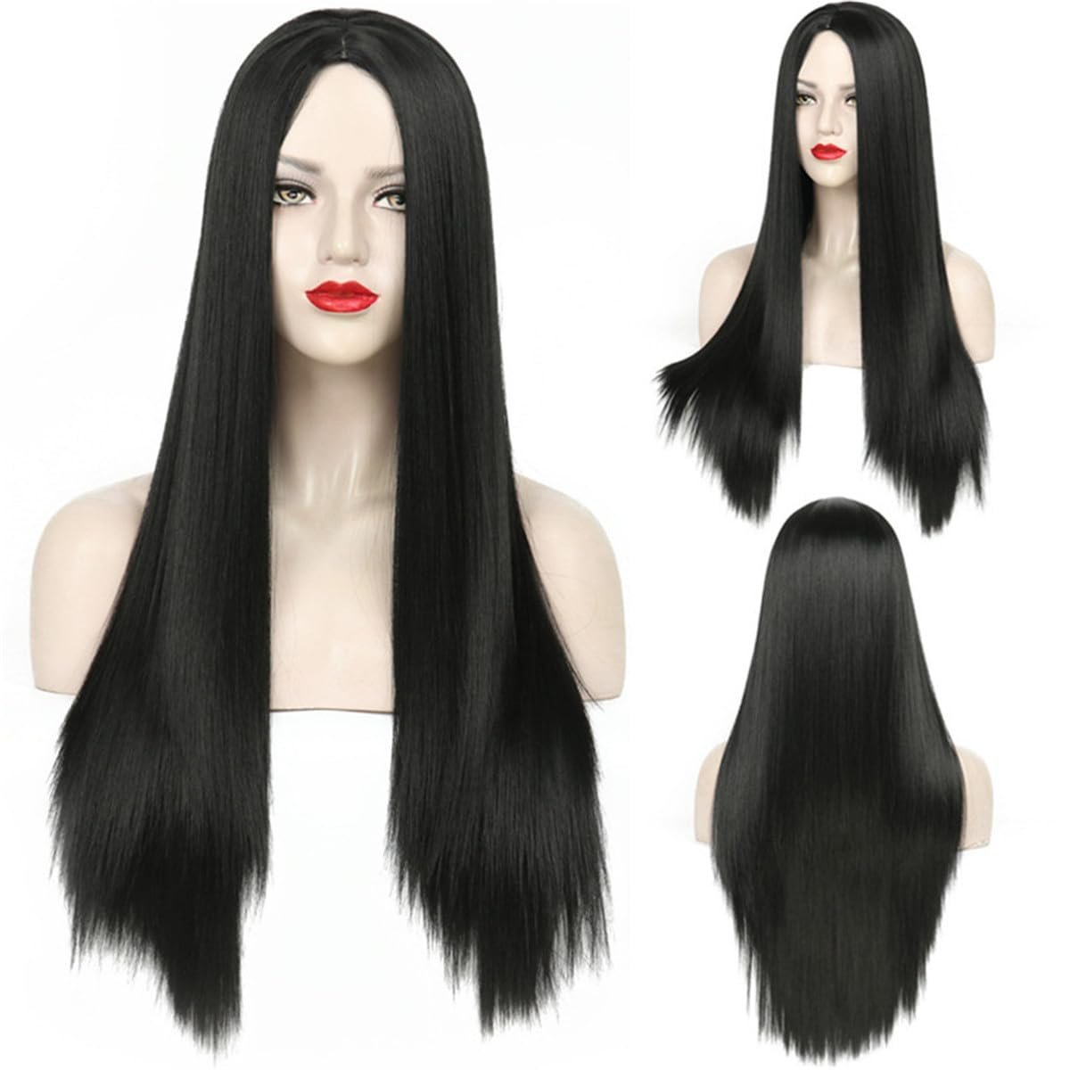 75cm 29.5 inches Black Wig Women's Long Straight Middle Part Synthetic Hair Wigs No bangs Cosplay Anime Halloween Costume Party Hair Wig for Women with Wig Cap - Image 2