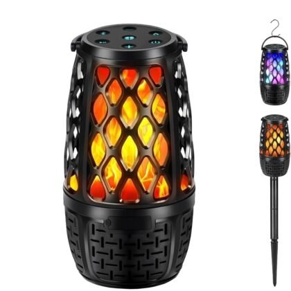 Outdoor Speakers, Colorful LED Flame Speaker Gift for Men, Bluetooth 5.3, Stereo Sound, Portable Wireless Speaker with Stake, Hook for Patio/Yard/Porch