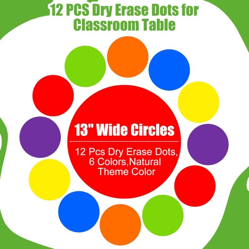 Ireer 12 Pcs Large 13'' Dry Erase Dots for Classroom Table Removable Circles Stickers Wall Whiteboard No Staining Spots for School Teacher Home Office Teaching Supplies(Rainbow Color) - Image 2