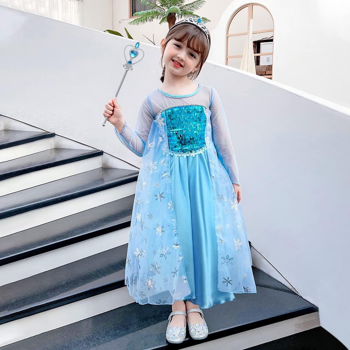 Princess Dress Costume for Girls Deluxe Fancy Dress Up Birthday Cosplay Costume with Crown Wand Accessories - Image 5