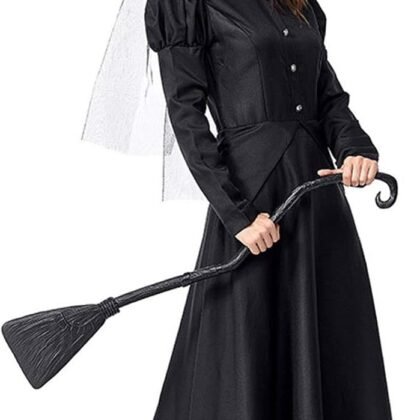 GRAJTCIN Women's Wicked Witch Costume, 4 Pieces Halloween Deluxe Witchy Dress Black