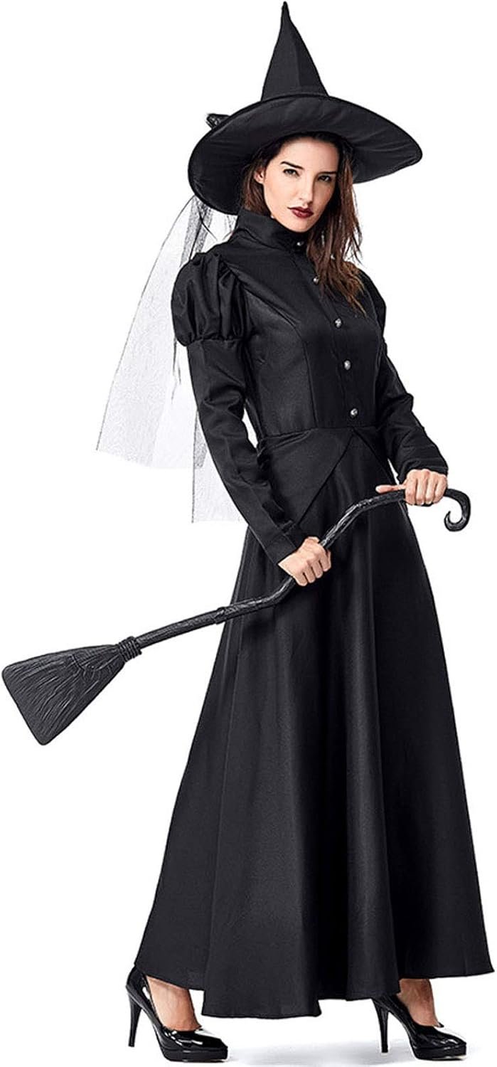 GRAJTCIN Women's Wicked Witch Costume, 4 Pieces Halloween Deluxe Witchy Dress Black