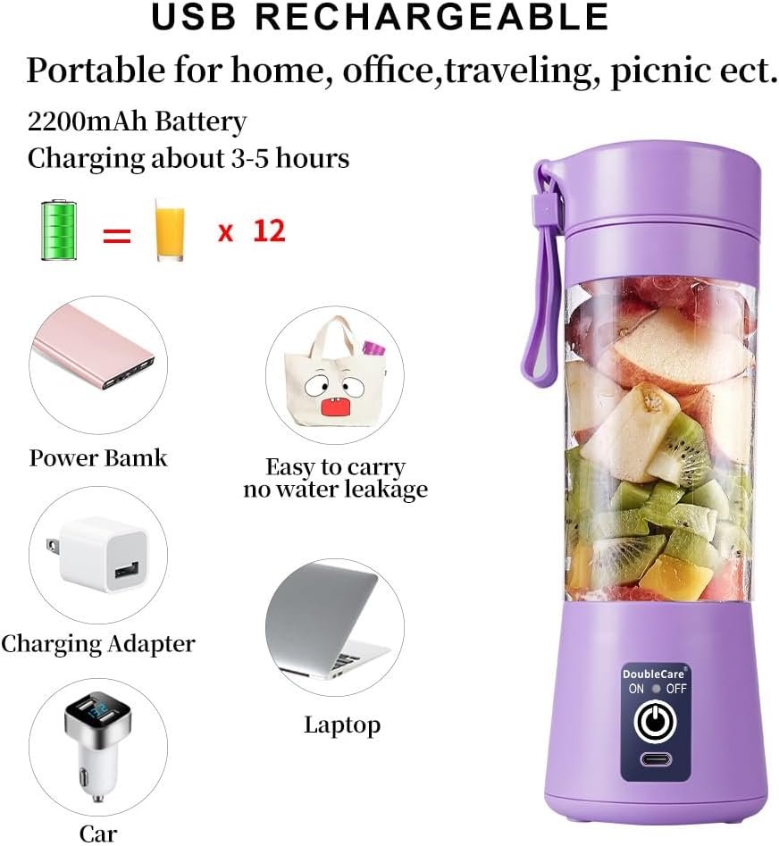 Portable Blender Cup,Electric USB Juicer Blender,Mini Blender Portable Blender For Shakes and Smoothies, juice,380ml, Six Blades Great for Mixing,light purple - Image 6