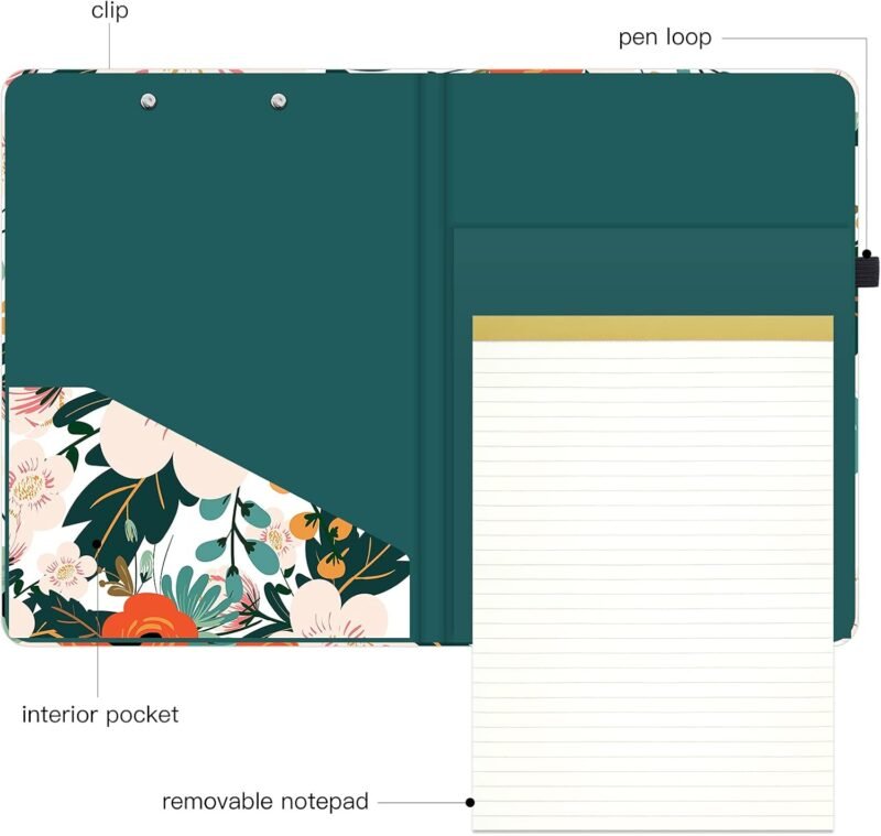 Hongri Clipboard Folio with Refillable Lined Notepad and Interior Storage Pocket for Students, Classroom, Office, Women, Man, Cute Custom Pattern, Size 12.8 x 9.2 in, Classic Flower - Image 4