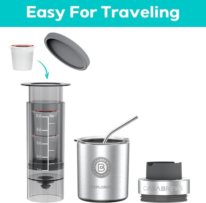CASABREWS KP3000 Portable Coffee Maker, 2 in 1 Small Travel Coffee Machine for K Cup Pod or Ground Coffee, Quick Coffee Press Kit with Stainless Steel Cup, Cup Lid, Straw and Storage Bag - Image 6