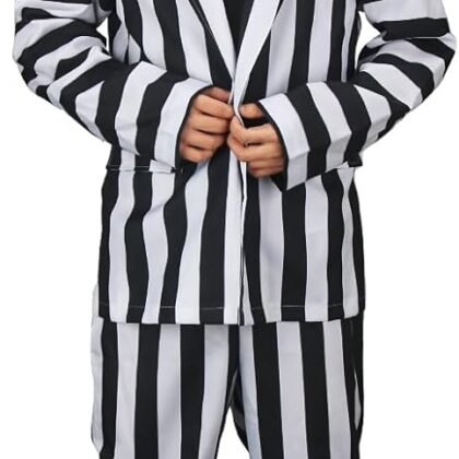 Vikidoky Men Black And White Striped Costume Suit Coat Pants Vest 80s Scary Movie Halloween Cosplay Party Outfit