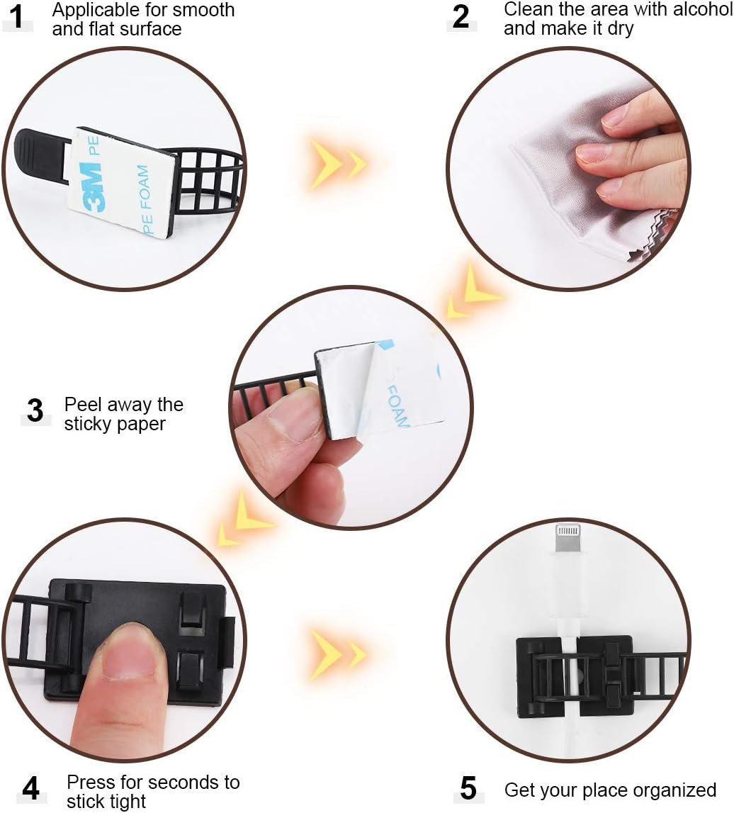 50Pcs Adjustable Adhesive Cable Management Clips, Nylon Cable Strap Ties Wire Clips Clamps Organizer with Strong Adhesive Tape, Extra Screw & Hole for Strong Fixation Home Office - 3.35 Inch Black - Image 5