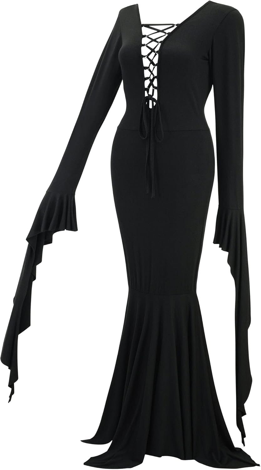 Halloween Costumes for Women - Black Long Dress, Wig with Wig Cap and Artificial Red Roses Flowers - Image 2
