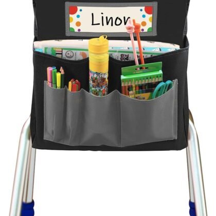 Black Chair Back Pocket School Seat Chair Storage Pocket Organizer with Label Slot Multiple Pockets for School Home Classroom Preschool Daycare