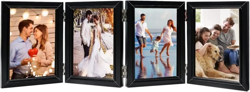 POILKMNI 4 Folding 4x6 Inch Hinged Picture Frame High Definition Natural Wood Picture Frame Rustic Desktop Acrylic Frame Family Photo Collage for Birthday Father's Day Christmas Family Lover Gift