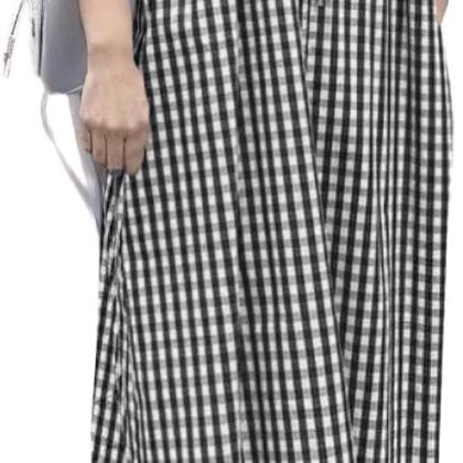 chouyatou Women's Cute Gingham Puff Sleeve Dress Plaid Tie Knot V Neck Beach Maxi Long Dress with Pockets