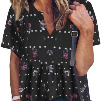 WLLW Women Bohemian Short Sleeve V Neck Floral Print T Shirt Babydoll Shirt Blouse Tunic Top (Black, M)