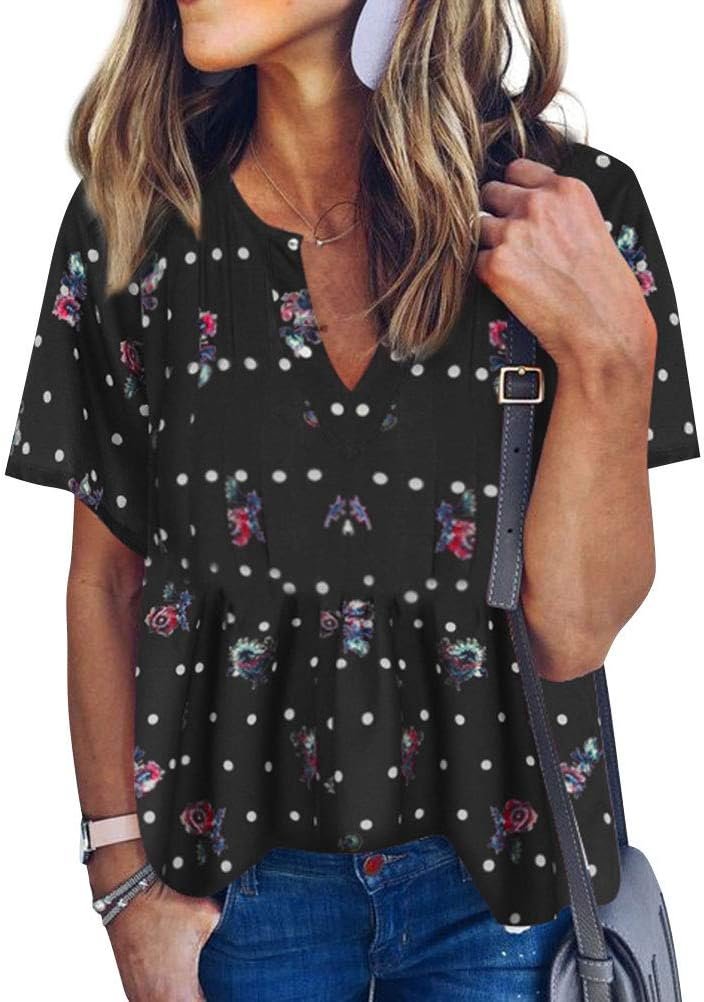 WLLW Women Bohemian Short Sleeve V Neck Floral Print T Shirt Babydoll Shirt Blouse Tunic Top (Black, M)
