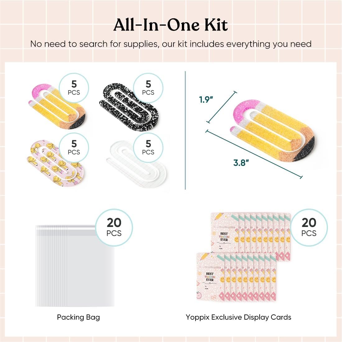 20 Set Jumbo Teacher Acrylic Paper Clips with 20Pcs Exclusive Back Card, Cute Pencil Paperclip Design for Office Classroom Bookmark Gift Book Lovers, Back to School Supplies - Image 3