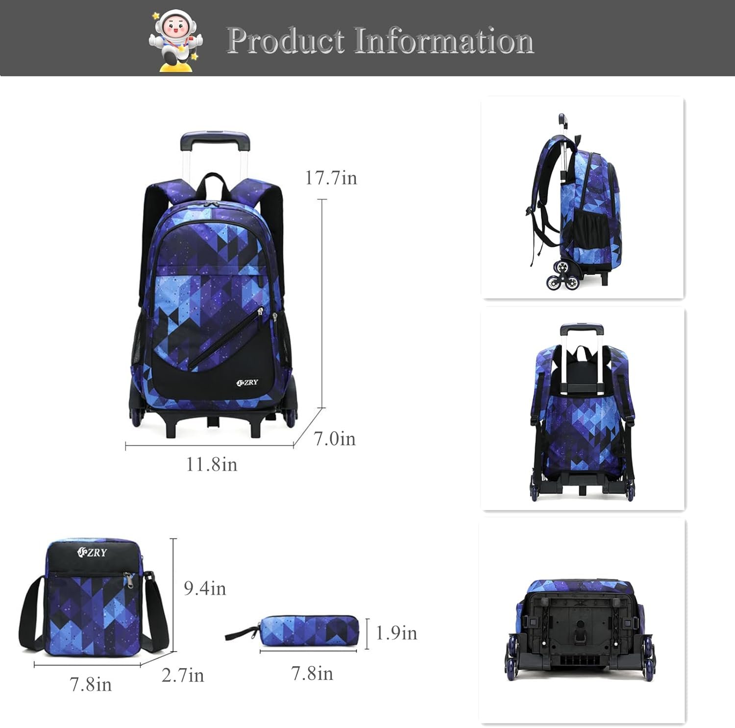 3Pcs Blue Geometric Print Boys Rolling Backpack Set with Crossbody Bag, Capacity Trolley School Bags Elementary Bookbags with 6 Wheels - Image 3