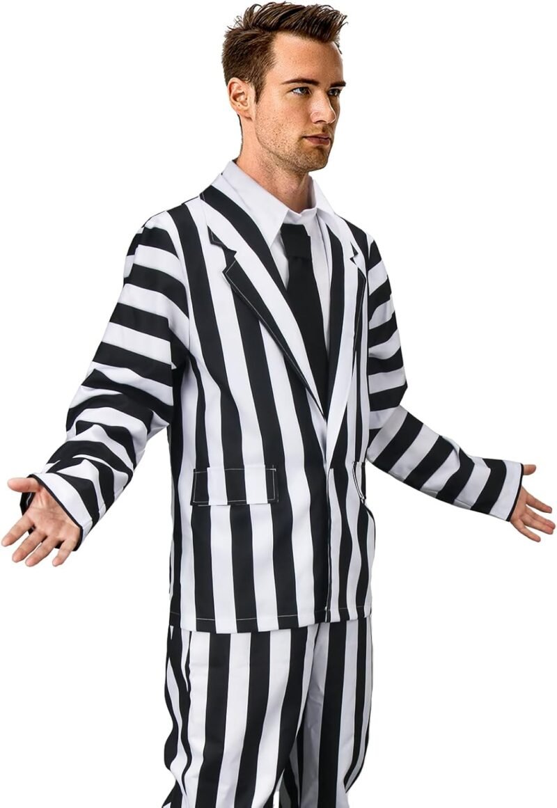 Vikidoky Men Black And White Striped Costume Suit Coat Pants Vest 80s Scary Movie Halloween Cosplay Party Outfit - Image 5