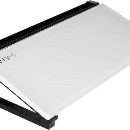 VIVO Glass 16 x 7 inch Desktop Whiteboard with Marker Slot and Open Storage, Dry Erase Non-Streak White Surface, Black Frame, DESK-WB16D