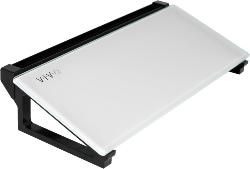 VIVO Glass 16 x 7 inch Desktop Whiteboard with Marker Slot and Open Storage, Dry Erase Non-Streak White Surface, Black Frame, DESK-WB16D
