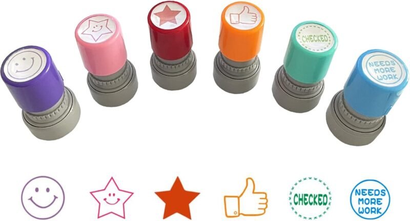 Round Teacher Stamps for Grading Classroom, Set of 6 Color Rubber Teacher Self-Inking Stamp Set for Homework Teacher Supplies-1