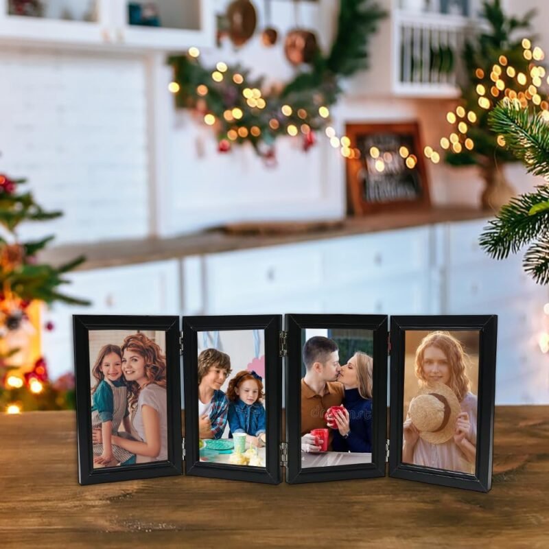 POILKMNI 4 Folding 4x6 Inch Hinged Picture Frame High Definition Natural Wood Picture Frame Rustic Desktop Acrylic Frame Family Photo Collage for Birthday Father's Day Christmas Family Lover Gift - Image 3