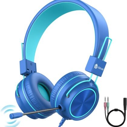 iClever HS21 Kids Headphones with Microphone for Virtual School- Rotatable Extendable Mic - 94 dB Volume-Safe Headphones for Kids, Wired Foldable Kid Gaming Headset for PS4/Xbox One/Switch/PC/Tablet