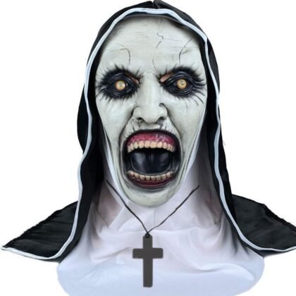 Utaomld Nun Scary Mask with Cross Charms Headscarf Costume Horror Nun Full Head Mask Adult Man Women Creepy Horror Costumes Halloween Party Props