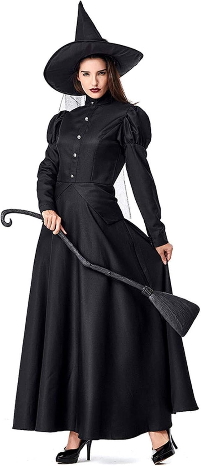 GRAJTCIN Women's Wicked Witch Costume, 4 Pieces Halloween Deluxe Witchy Dress Black - Image 2