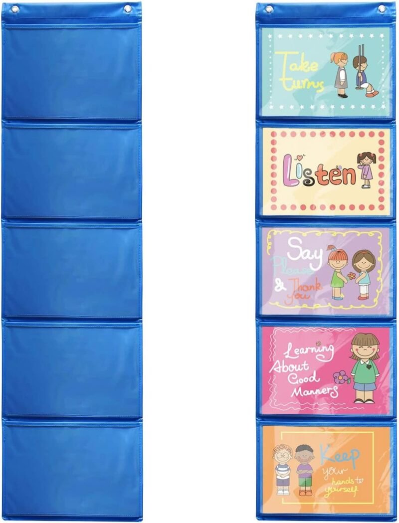 Mewise Pocket Chart for Classroom Cards,Drawing,Pictures,Class Demonstrations,Haning Wall File Organizer (5 Pockets)