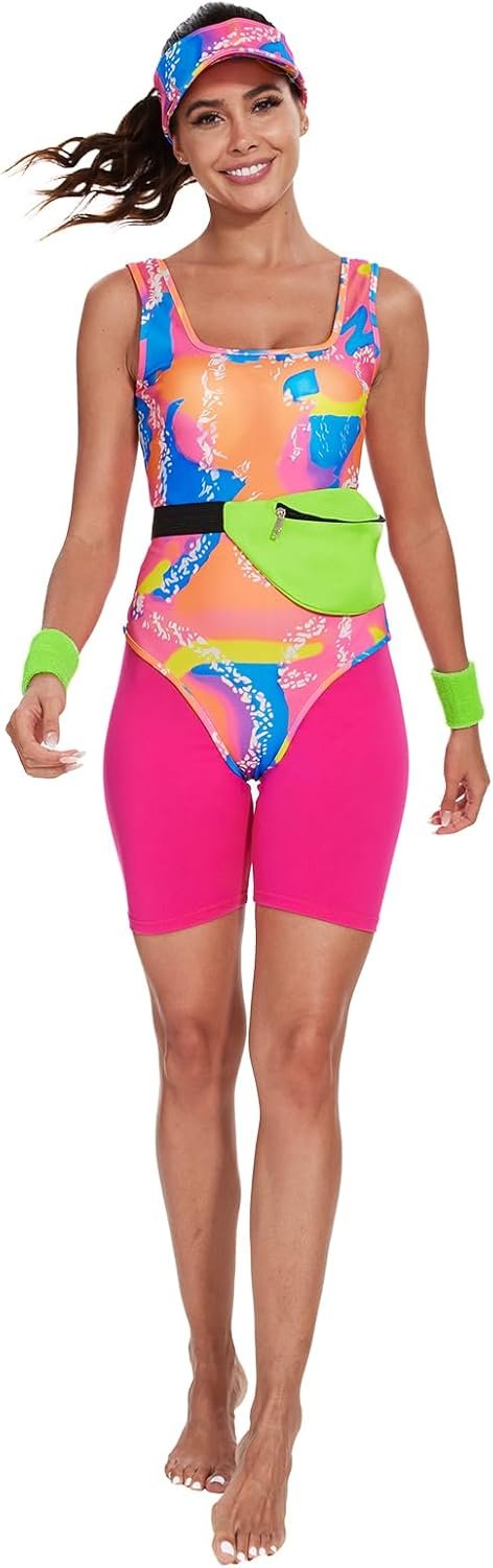 80s 90s Workout Costume for Women Halloween Costumes Cosplay Outfits Swimwear Suit Leotard Legging With Sun Visor (X-Large) - Image 2
