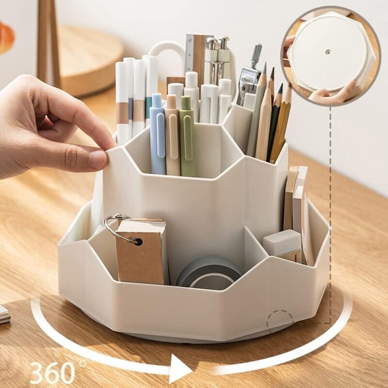 Rotating Art Supply Storage Organizer,Pencil Holder with 9 Compartment, Pen Storage Organizer, for Kids Art Desk, Homeschool Supplies, Home Office Desktop Organizer(White) - Image 3