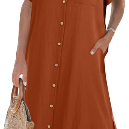 Zeagoo Women Dresses Summer Casual Short Sleeve Button Down Shirt Dresses 2025 Beach Cover Up with Pockets