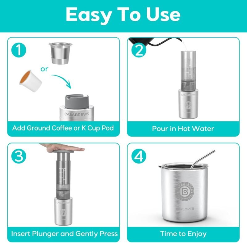 CASABREWS KP3000 Portable Coffee Maker, 2 in 1 Small Travel Coffee Machine for K Cup Pod or Ground Coffee, Quick Coffee Press Kit with Stainless Steel Cup, Cup Lid, Straw and Storage Bag - Image 4