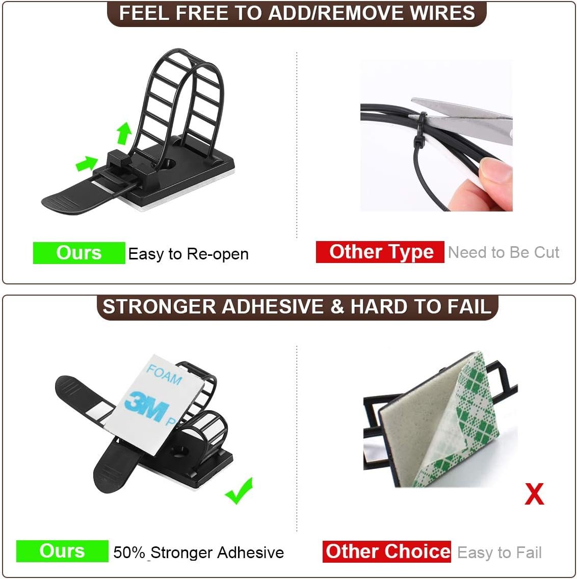 50Pcs Adjustable Adhesive Cable Management Clips, Nylon Cable Strap Ties Wire Clips Clamps Organizer with Strong Adhesive Tape, Extra Screw & Hole for Strong Fixation Home Office - 3.35 Inch Black - Image 4