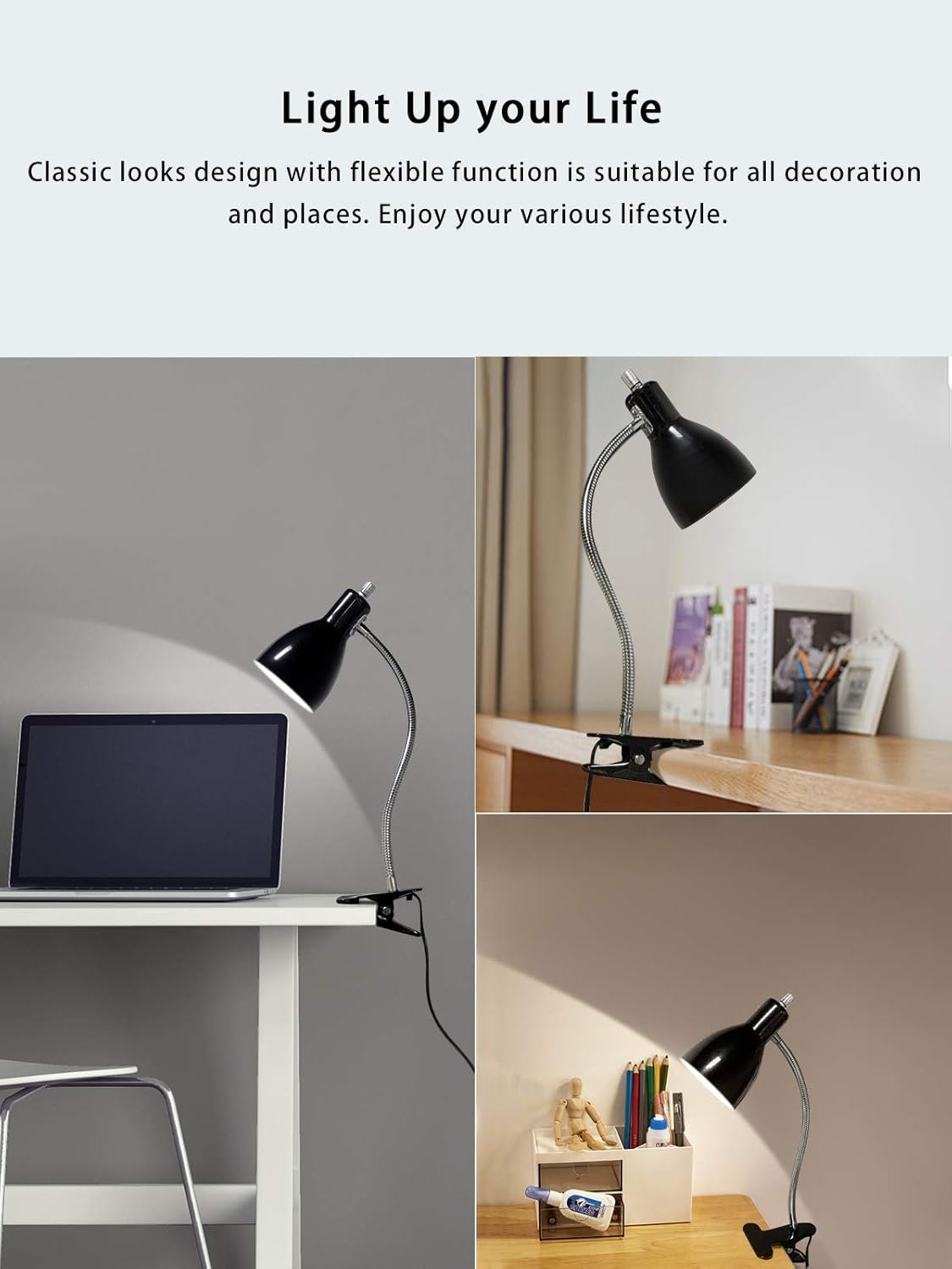 Desk lamp Eye-Caring Table Lamps, 360°Rotation Gooseneck Clip on Lamp Reading Light Portable Reading Book Light Clamp Study Desk Lamps for Bedroom and Office Home Lighting (Black) - Image 5