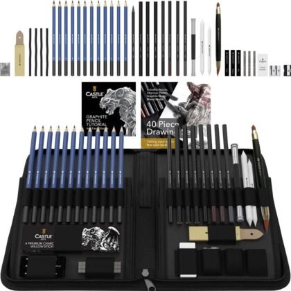 Castle Art Supplies 40 Piece Premium Drawing and Sketching Set with Tutorial | for Artists, Professionals or Beginners | Pencils, Charcoal, Graphite and More | in Neat Carry-Anywhere Zipper Case