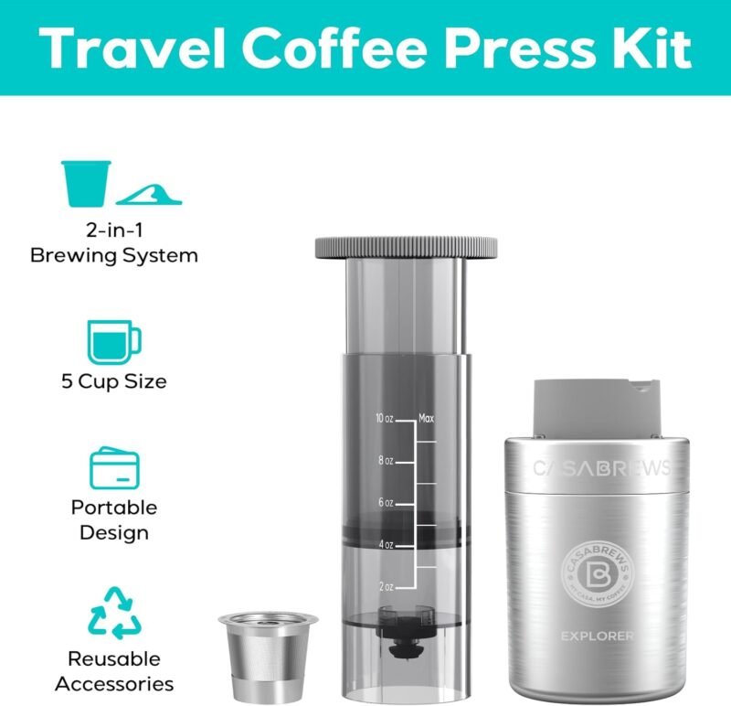 CASABREWS KP3000 Portable Coffee Maker, 2 in 1 Small Travel Coffee Machine for K Cup Pod or Ground Coffee, Quick Coffee Press Kit with Stainless Steel Cup, Cup Lid, Straw and Storage Bag - Image 2