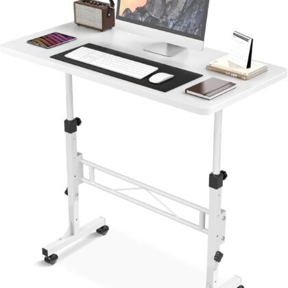Small Standing Desk Adjustable Height, Mobile Stand Up Desk with Wheels, 32 Inch Portable Rolling Desks Computer Office Workstations for Walking Pad Treadmill White