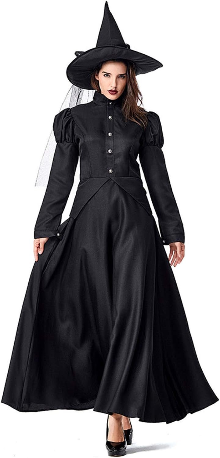 GRAJTCIN Women's Wicked Witch Costume, 4 Pieces Halloween Deluxe Witchy Dress Black - Image 3