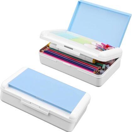 Pencil Box, Double Layer Pencil Case, Large Capacity Plastic Pencil Boxes with Snap-tight Lid, Two-Tone Storage Box Organizer for Office School Supplies Teen Girl Boy (Blue)