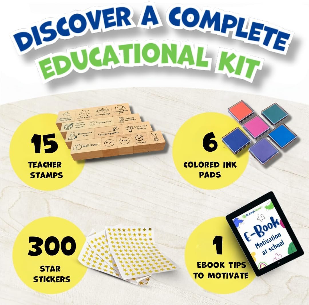 Teacher Stamp Set – 15 Durable & Motivational Wooden Teacher Stamps for Classroom Grading, 6 Ink Pads, Reward Stickers–Cute Elementary Teacher Must Haves, Teacher stationery, Back to School Essentials - Image 2