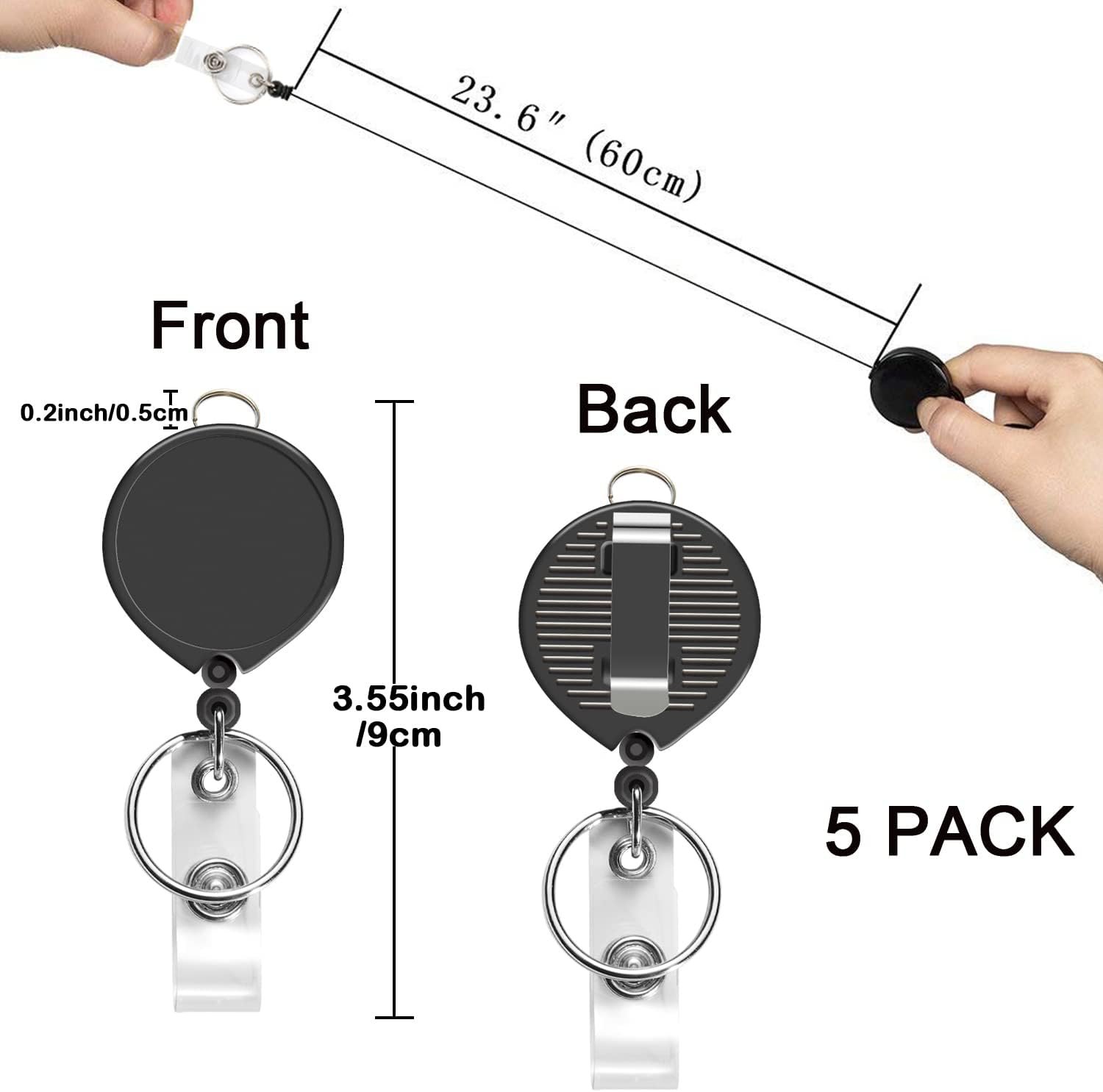 5 Pack Black Retractable Badge Reels for Lanyards,Nurses,Badge Holder,Reel Retractable with Metal Ring, with Clip - Image 6