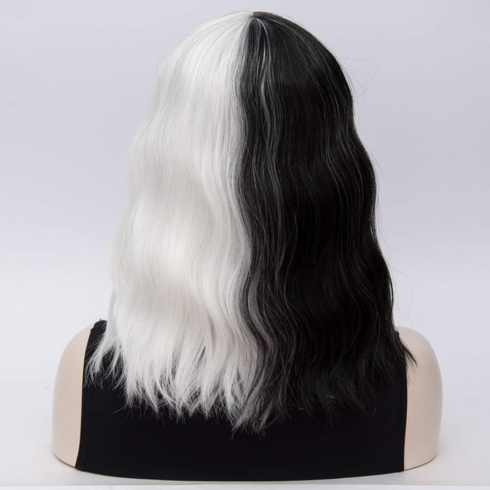 QACCF Short Wavy Shoulder Length Women Full Bang Heat Resistant Wig (Black and White) - Image 5