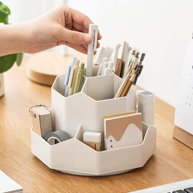 Rotating Art Supply Storage Organizer,Pencil Holder with 9 Compartment, Pen Storage Organizer, for Kids Art Desk, Homeschool Supplies, Home Office Desktop Organizer(White) - Image 8