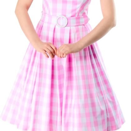 Rubies Barbie Perfect Day Costume Dress in Pink from the Barbie Movie, with Belt and Hair Bow For Adult Women