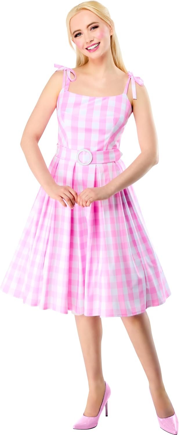 Rubies Barbie Perfect Day Costume Dress in Pink from the Barbie Movie, with Belt and Hair Bow For Adult Women