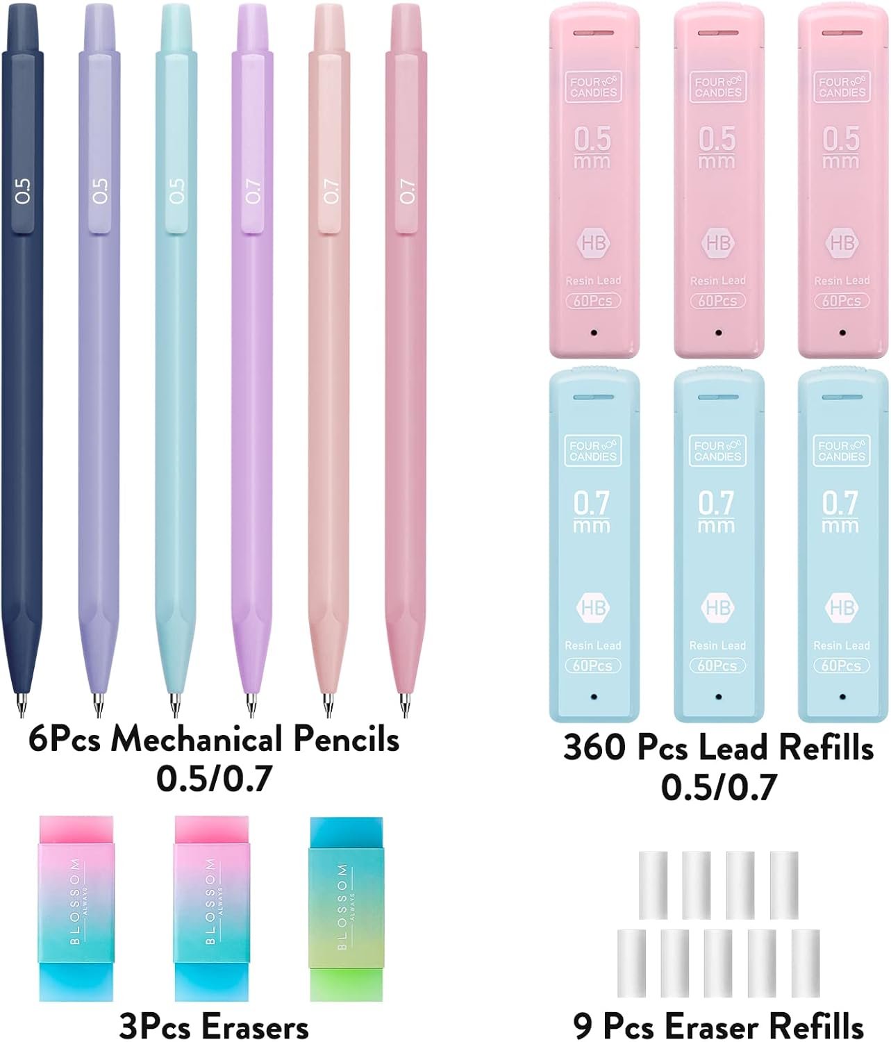 Four Candies Cute Mechanical Pencil Set, 6PCS Pastel Mechanical Pencils 0.5 & 0.7mm with 360PCS HB Leads, 3PCS Erasers and 9PCS Eraser Refills, Aesthetic School Supplies for Girls Writing - Image 6